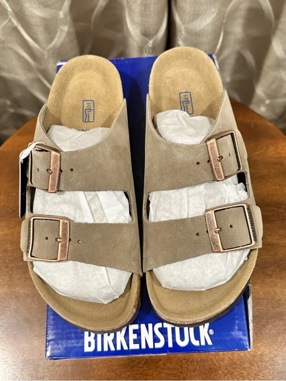 Birkenstock Women’s Sandals Taupe Suede Double Strap with Copper Buckles - Picture 2 of 6
